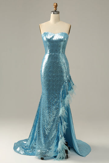 Robe de bal de sirène à paillettes bleu ciel avec plumes